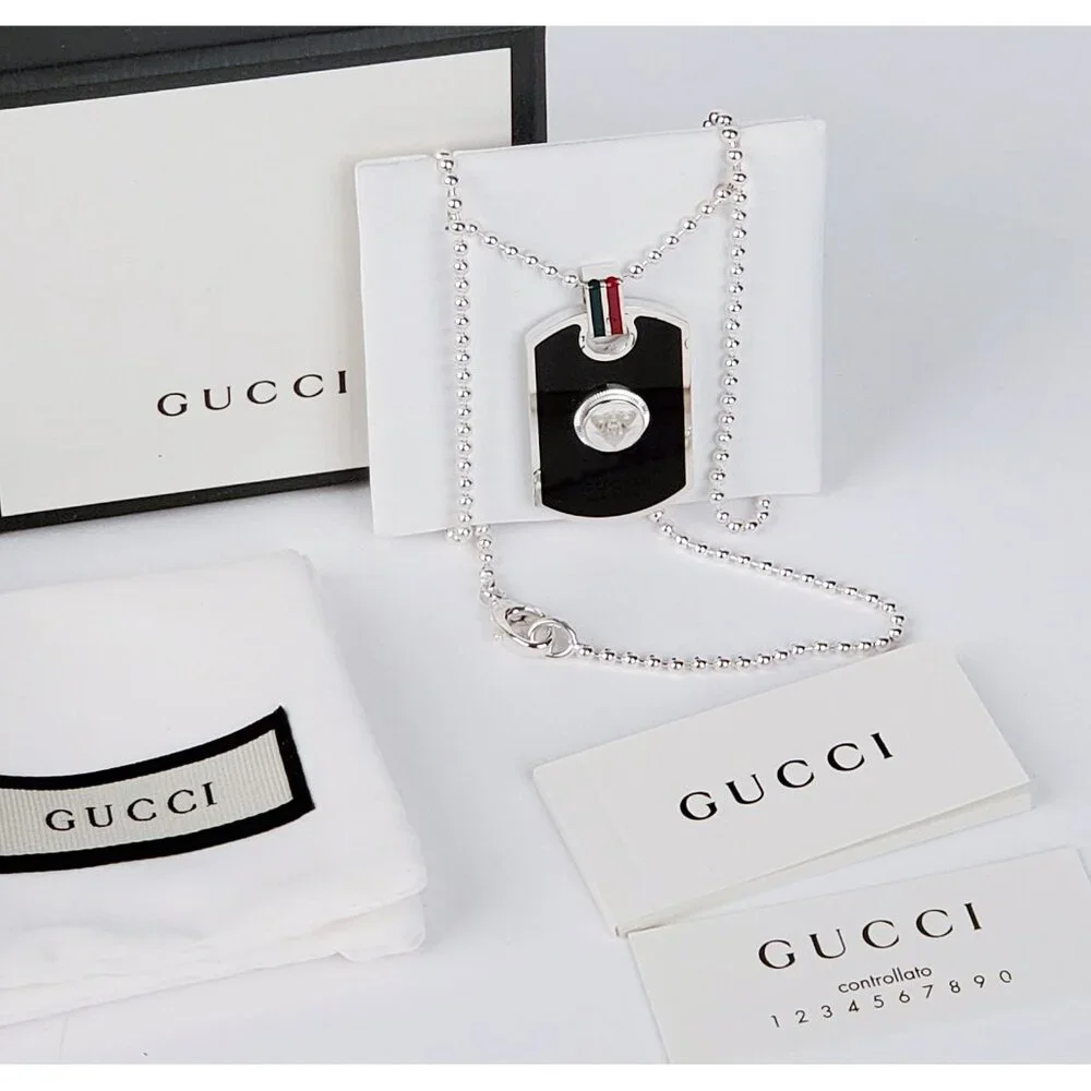 GUCCI NECKLACE SILVER .925 ENAMEL DOG TAG PENDANT WEB & HYSTERIA DETAIL - Picture 6 of 7